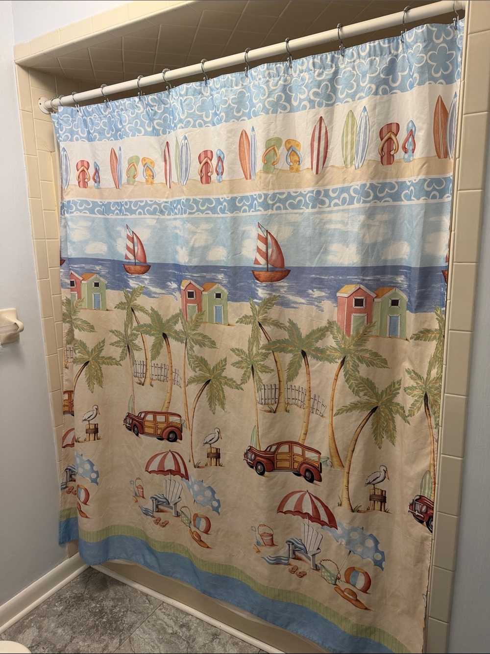 Coastal Beach Print Shower Curtain - Blue, Tan